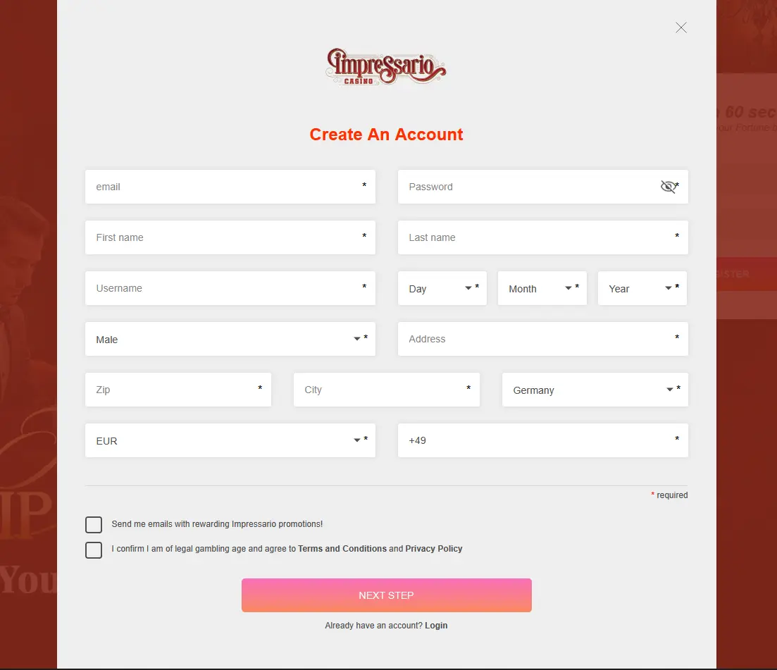 Registrierungsformular von Impressario Casino